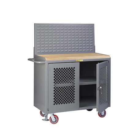 Little Giant Mobile Bench, 36"W, 2 Perf Doors, Center Shelf, Louvered, Butcher Block MJP32D-36-FL-LP